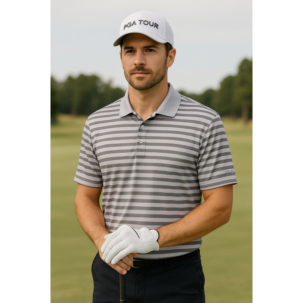 NWT LRG Men's PGA Striped Golf Polo Shirt Short Sleeve Performance Grey
